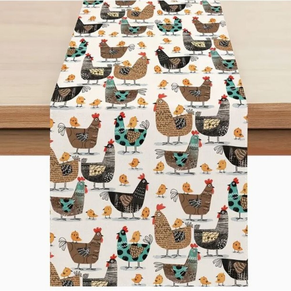 Table Runner 13x72in Woven Polyester Chicken and Chicks Farmhouse Country